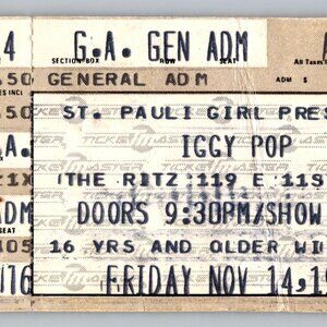 Vintage 1986 Iggy Pop Concert Ticket Stub From The Ritz NYC